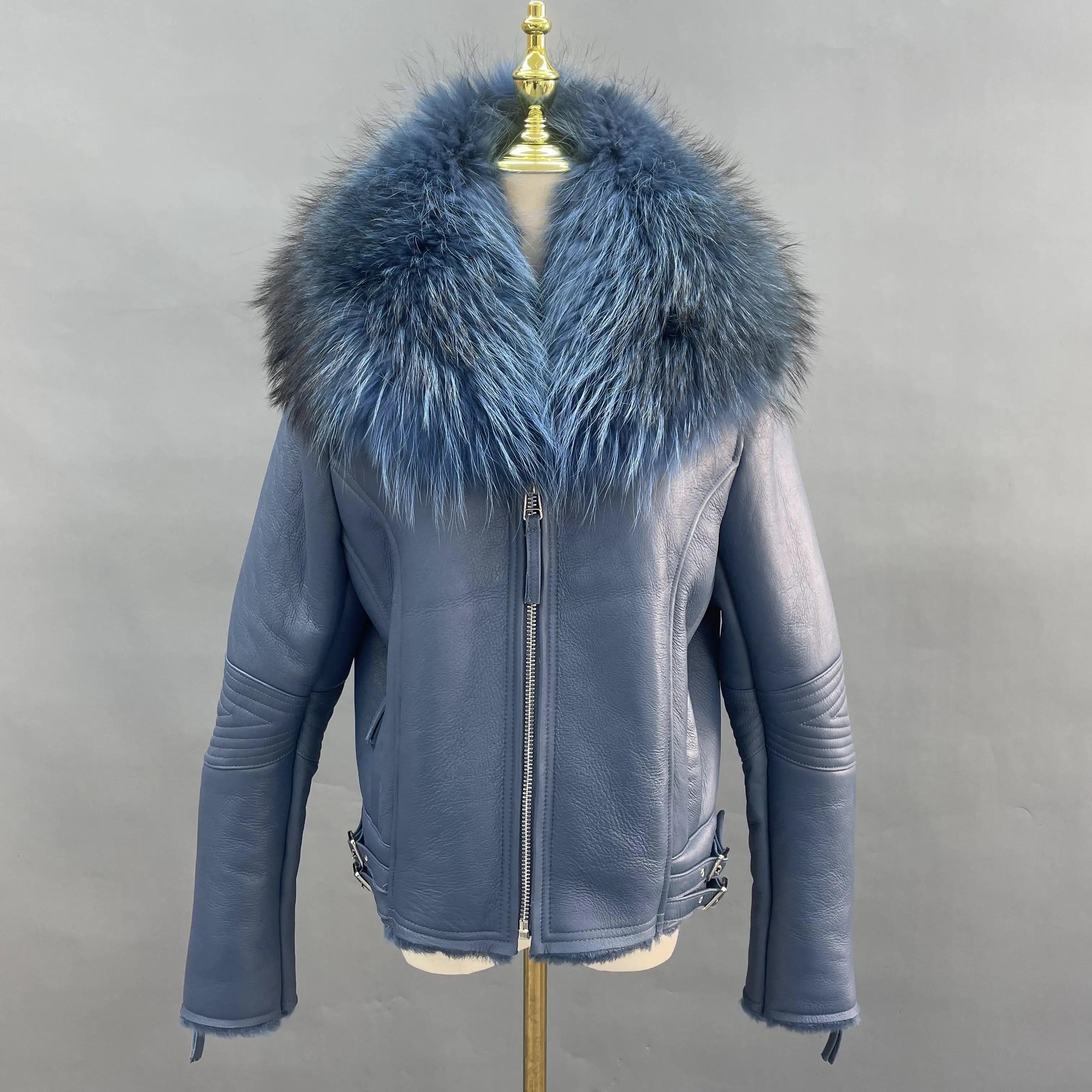 Janefur Women Shearling Sheepskin Fur Coats 2023 New Winter Motorcycle Female Leather Jacket