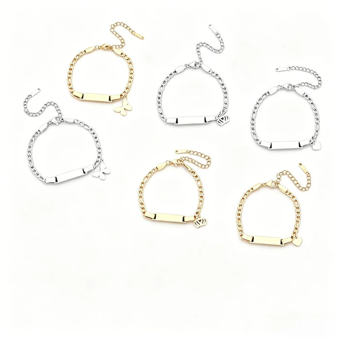 Cute Simply Custom Blank Laser Children Jewelry 18k PVD Gold Plated Stainless Steel KIDS Bar Bracelet With Butterfly Crown Heart