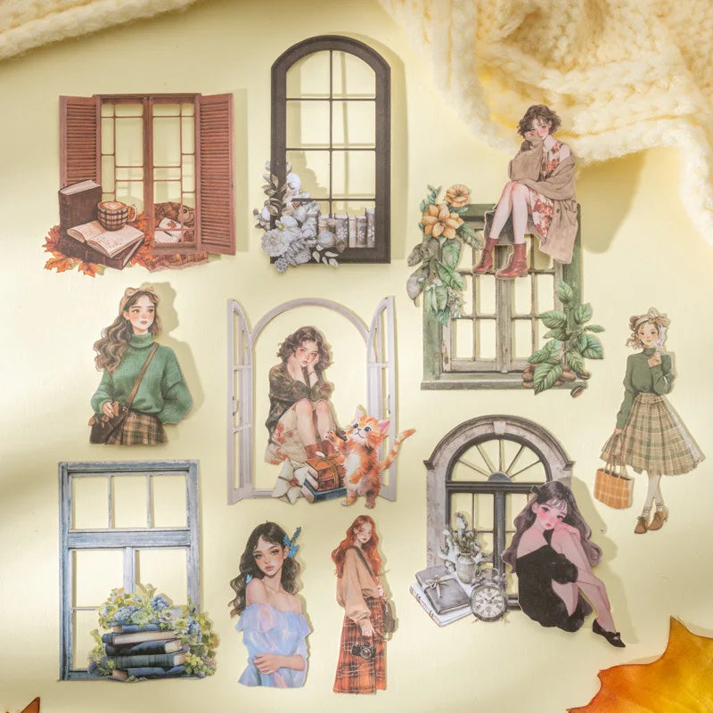10pcs/pack Skeleton Hard Card Stickers Window Girl Series Teenage Girl Theme Decorative Window Scene Material