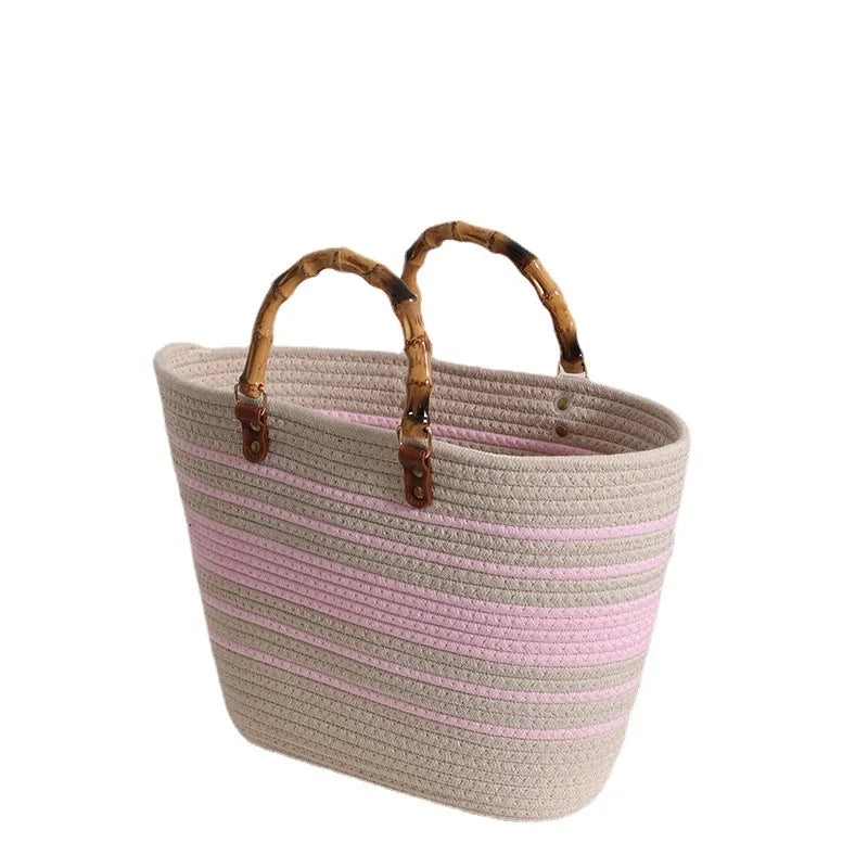 Handmade All Seasons Lady Beach Bag for Women with Soft Woven Striped Tote Purse Portable Open Closure for Vacation