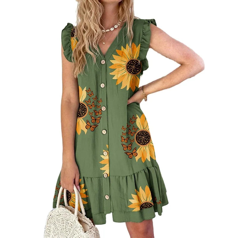 New Women Loose V-neck Party Vintage Elegant Floral Print Flying Sleeve Short Dress Summer Ruffle Single Breasted Shirt Dress