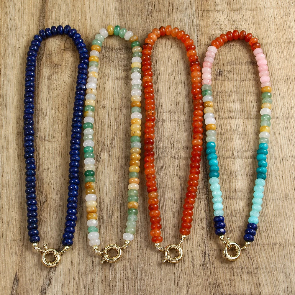 Fashion Women Customs Bohemian Jewelry Factory Multicolor Natural Gemstone Abacus Spring Clasp Short Choker Necklace Wholesale