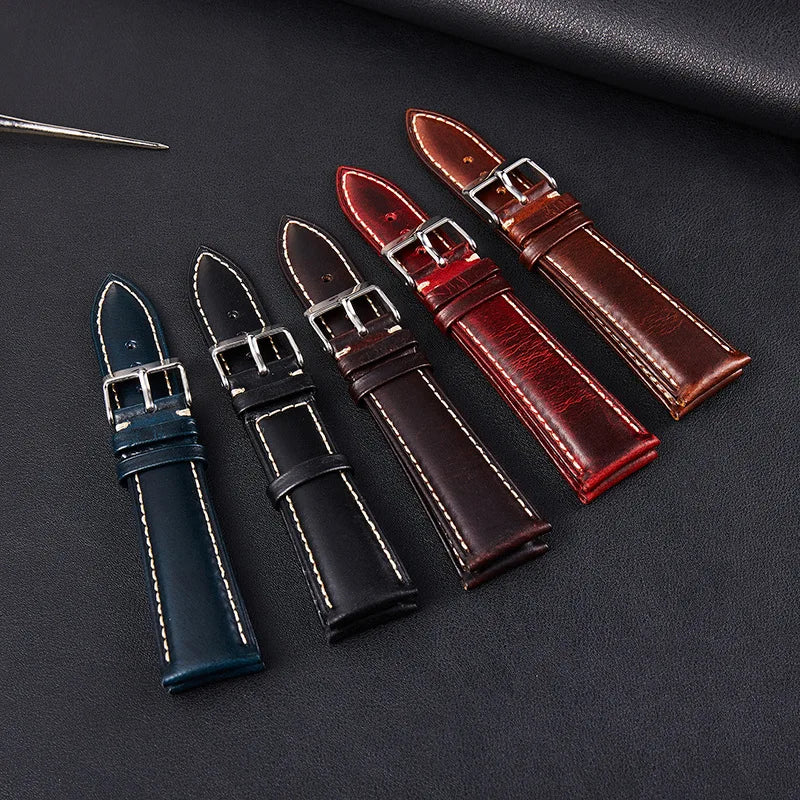 Full Grain Genuine Leather Watch Strap 18/19/20/21/22mm Oil Waxed White Stitching Leather Watch Band Quick Release Wristbands