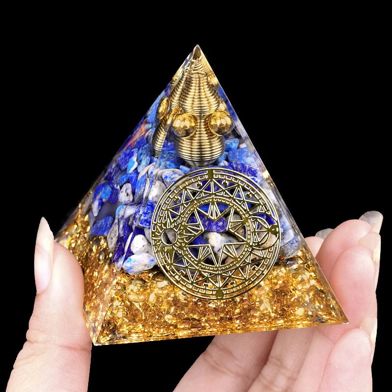 6CM Natural Crystal Gravel Lapis Turquoise Resin Energy Pyramid Figurine Hand-Carved Feng Shui Home Decoration Golden Engraved