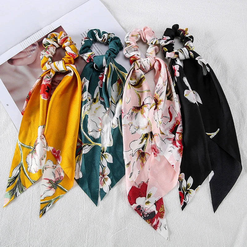 Hair Scarf Scrunchies Ribbon Bow Scrunchies With Tail Flower Printed Hair Ribbon Ties Floral Hair Scrunchies With Ribbon