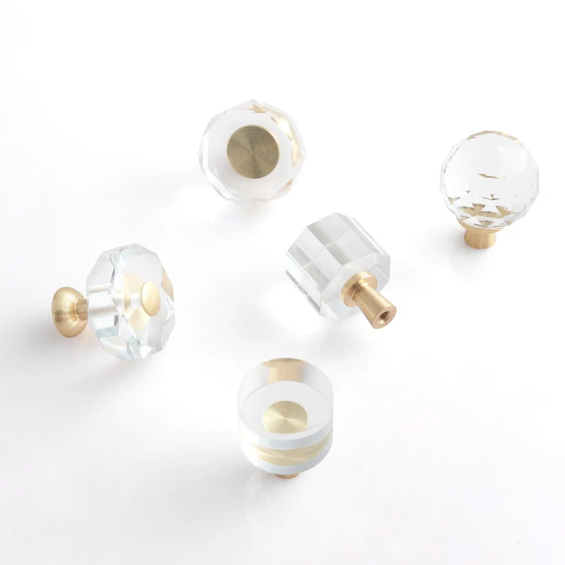 Oukali Modern Round Crystal Glass Diamond Interior Door Pulls Brass Base Furniture Cupboard Handle Cabinet Drawer Knobs