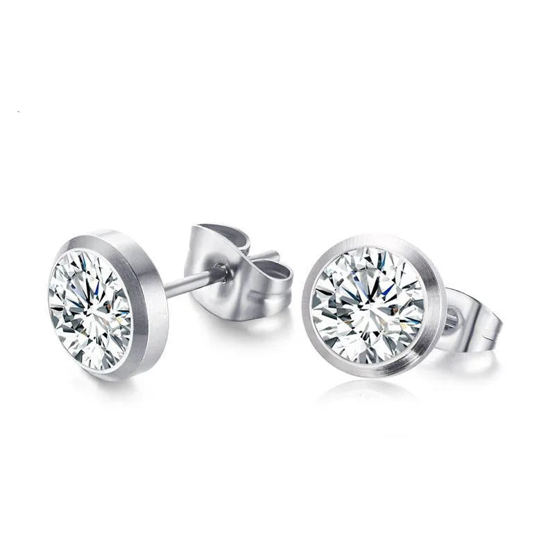 Wholesale Sample Designer Stainless Steel 8mm Small Round Zircon Stud Earrings for Women Fashion Jewelry