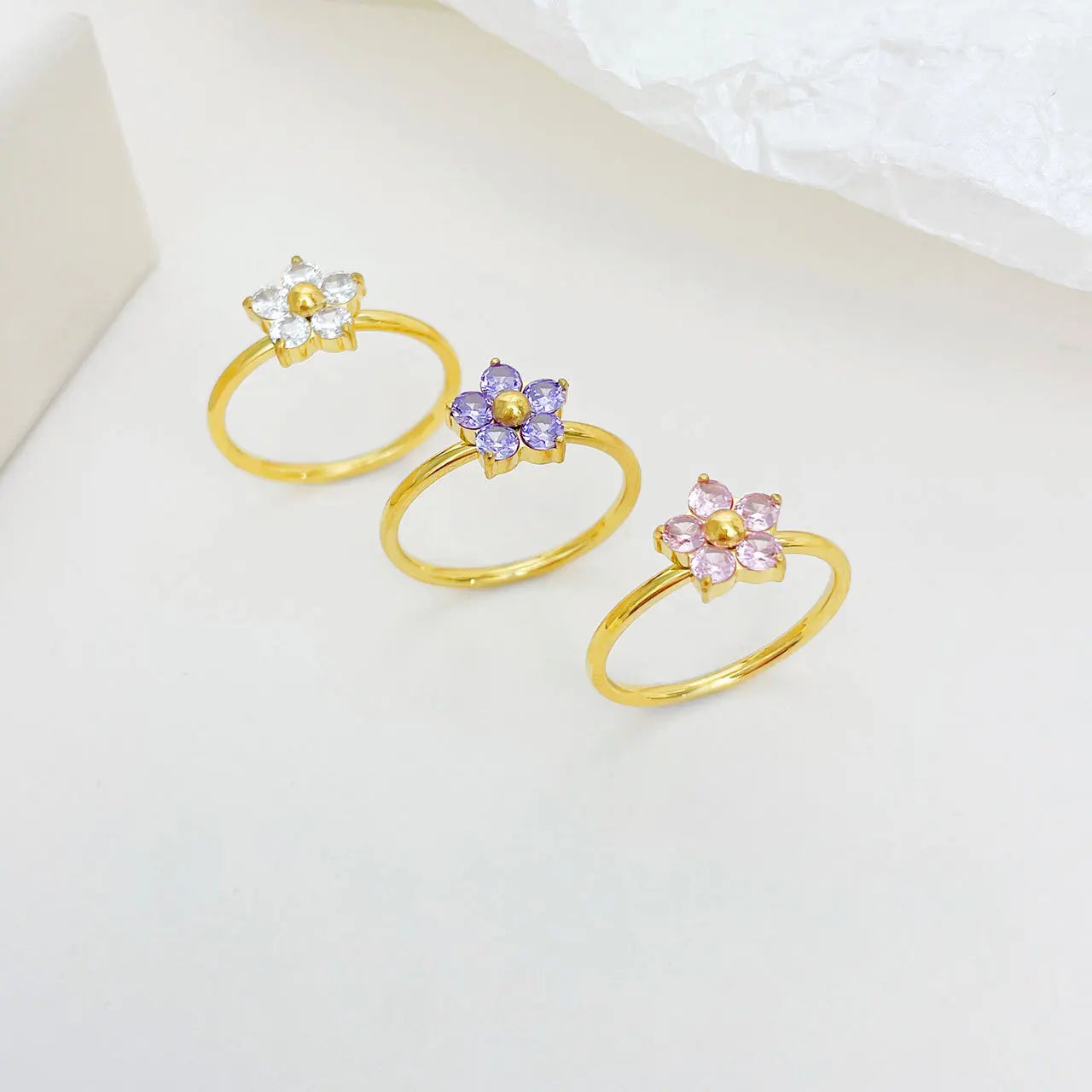 Exquisite Stainless Steel Zircon Rings for Girls Crystal Flower Ring Fashion Party Gifts Jewellery Accessories
