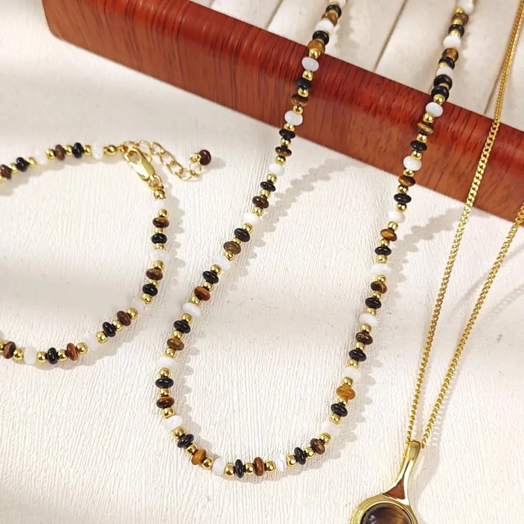 Shescity Trendy Fashionable Vacation Style Designer Necklace Stacking Bracelet Tiger Eye Stone Jewelry Set for Summer