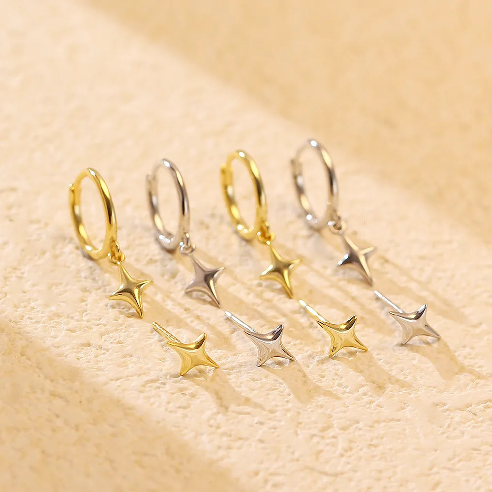 BASQUESUN Factory Wholesale S925 Pure Silver Simple and Fresh Glossy Four Pointed Star Stackable Small and Stylish Earrings