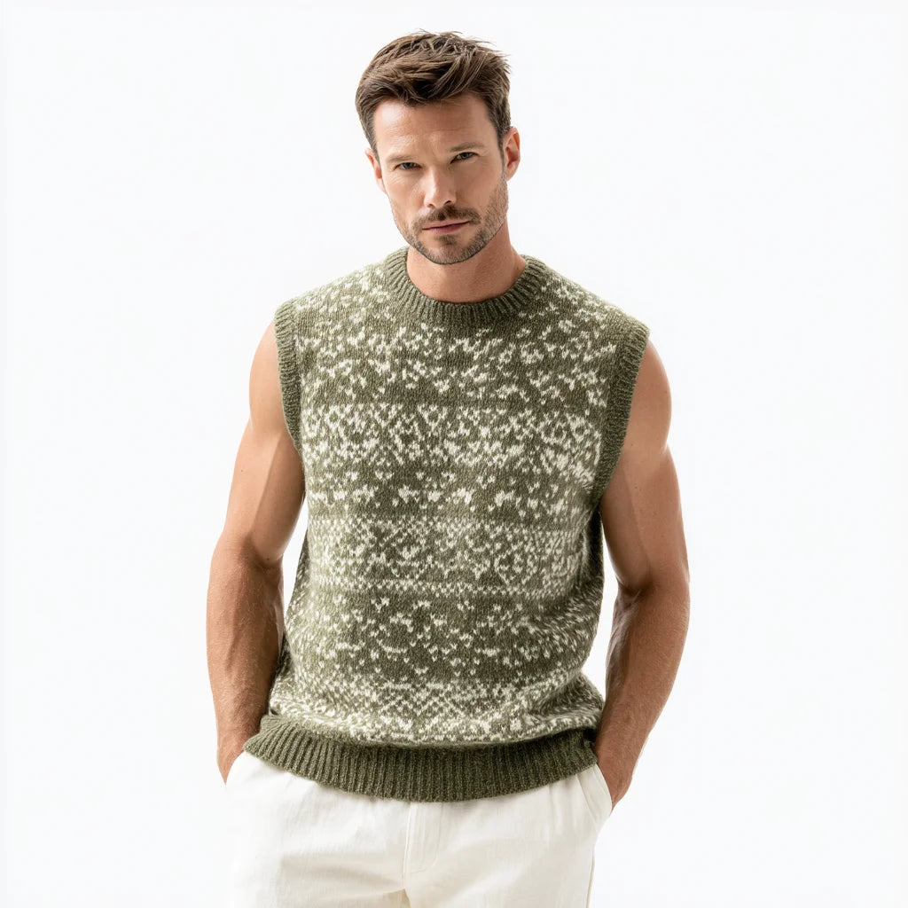 Men's Fair-Isle Crew Sweater Vest Vintage Knitted Sleeveless Cotton-Wool Winter Style