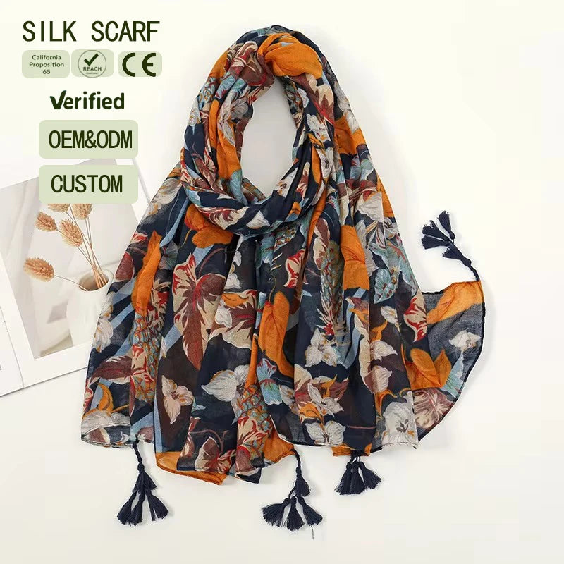 New Bali Yarn Voile Printed Long Travel Sunscreen Scarf Shawl for Women Made of Polyester Cotton Hemp with Tassel Women's Scarf