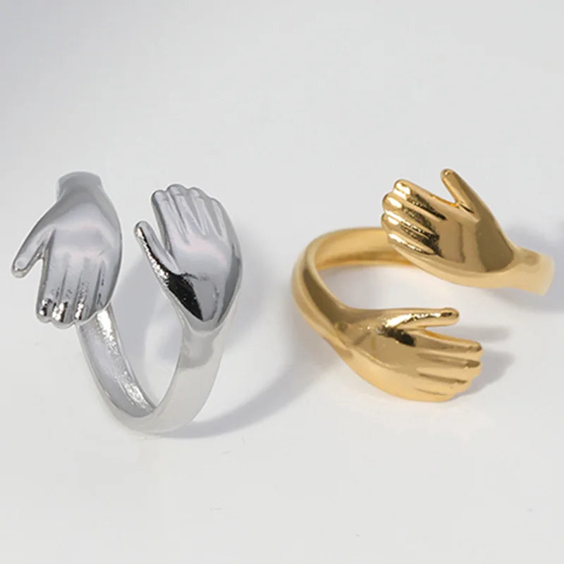 Customizable 18K Gold & Silver Stainless Steel Adjustable Love Ring Classic Minimalist Hand Hugging Ring for Couples for Parties