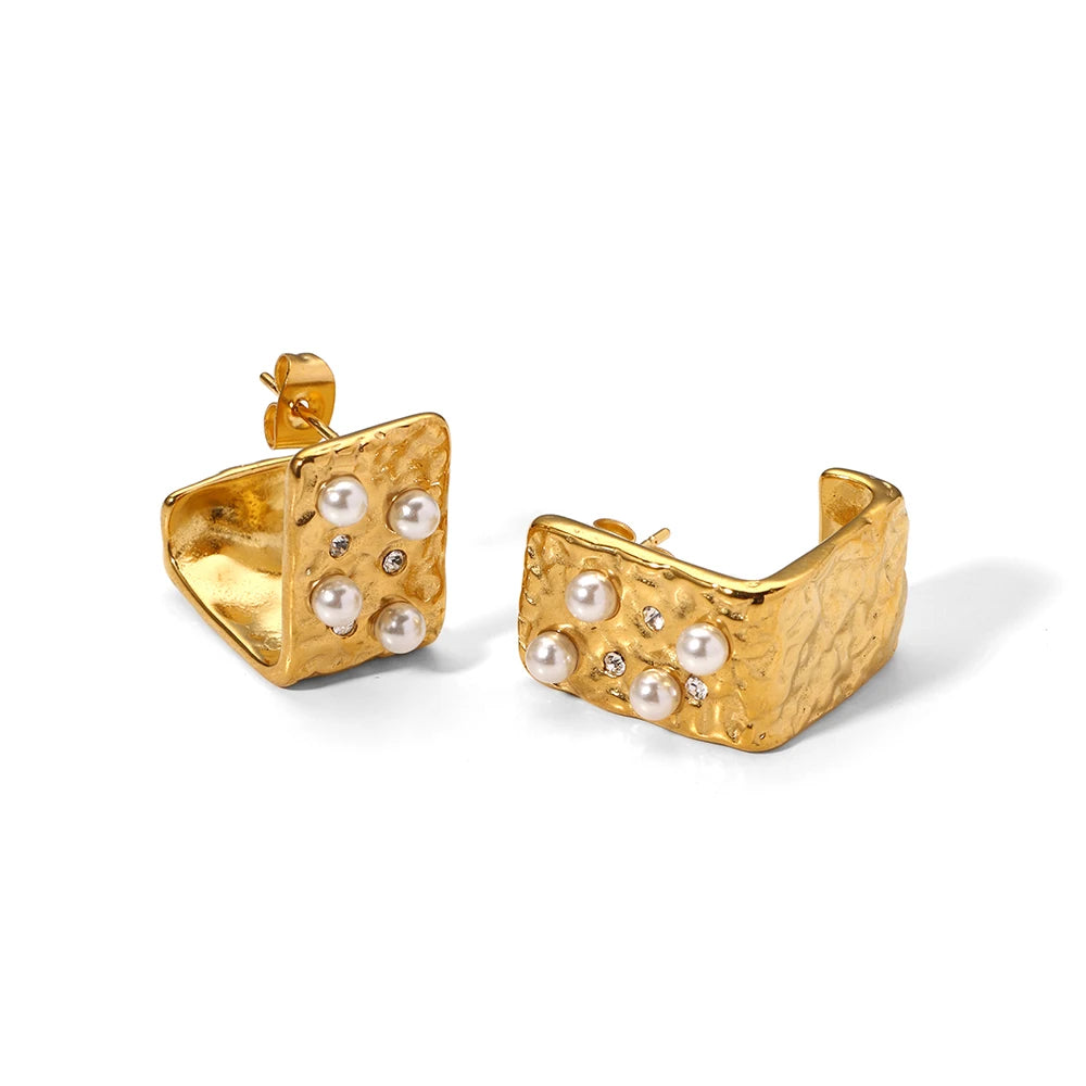 Creative Stainless Steel Waterproof Square Bump Cz Stone Cubic Zirconia Pearl Hoop Earring for Gift