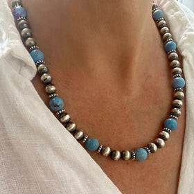 Zooying Ethnic Turquoise Beaded Necklace Earring Set Handmade Beaded Antique Silver Beaded Necklace Jewelry Set