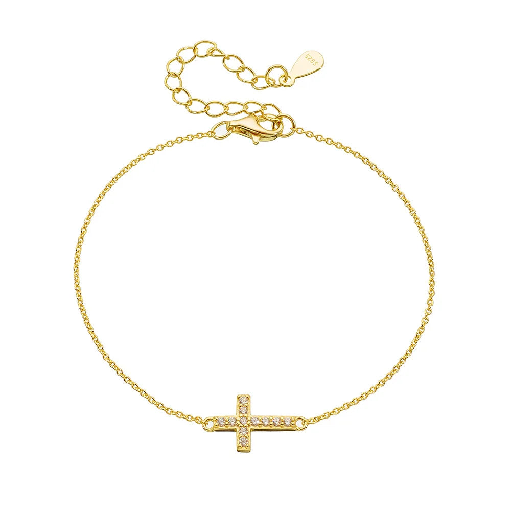 High Quality Wholesale Jewelry 925 Sterling Silver Gold Plated Custom Logo Cz Zircon Cross Bracelet for Women