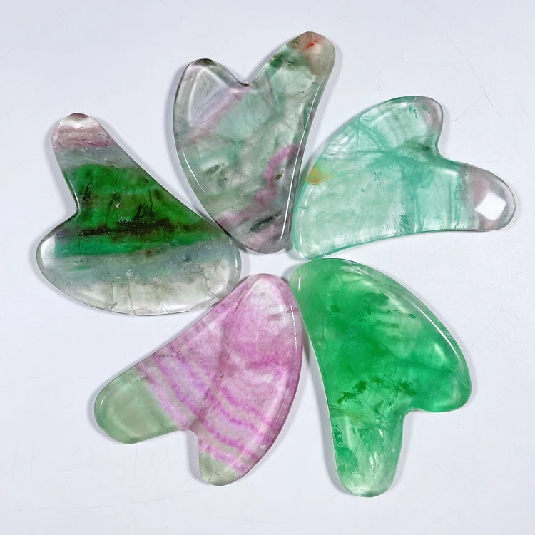 Huiying Custom Heart Shape Fluorite Gua Sha Face Jade Stone Facial Guasha Massage Scraping Therapy Tools