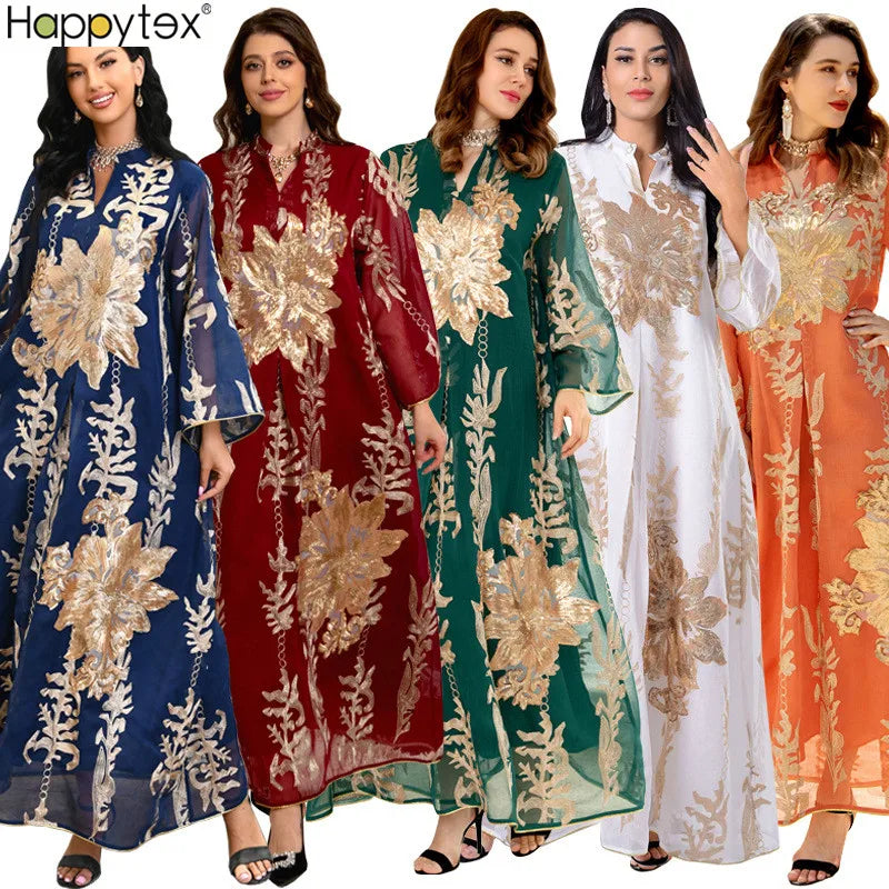 Hot Sale Summer Women Long Sleeve Floral Sequined Dubai Middle East Islam Muslim Abaya Dresses 2023 Ramadan Eid Party Dress