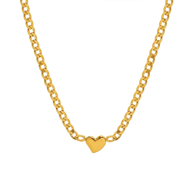 Trendy 18k Gold Plated Stainless Steel Jewelry Figaro Chain Link Cute Love Heart Necklace for Women Party Jewelry