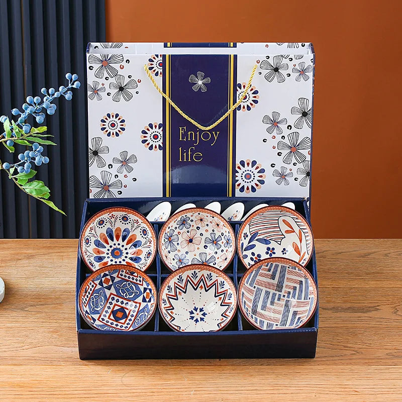 Custom Logo Printed Luxury Ceramic Tableware Gift Box 2 4 6-Piece Dinnerware Set With Soup Bowl Salad Plate Including Spoon