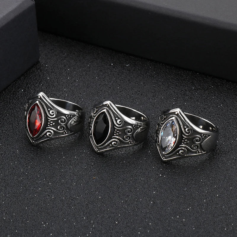 European and American Retro Carved Stainless Steel Large Oval Zircon Waterdrop Crystal Finger Rings for Men Fashion Jewelry Gift