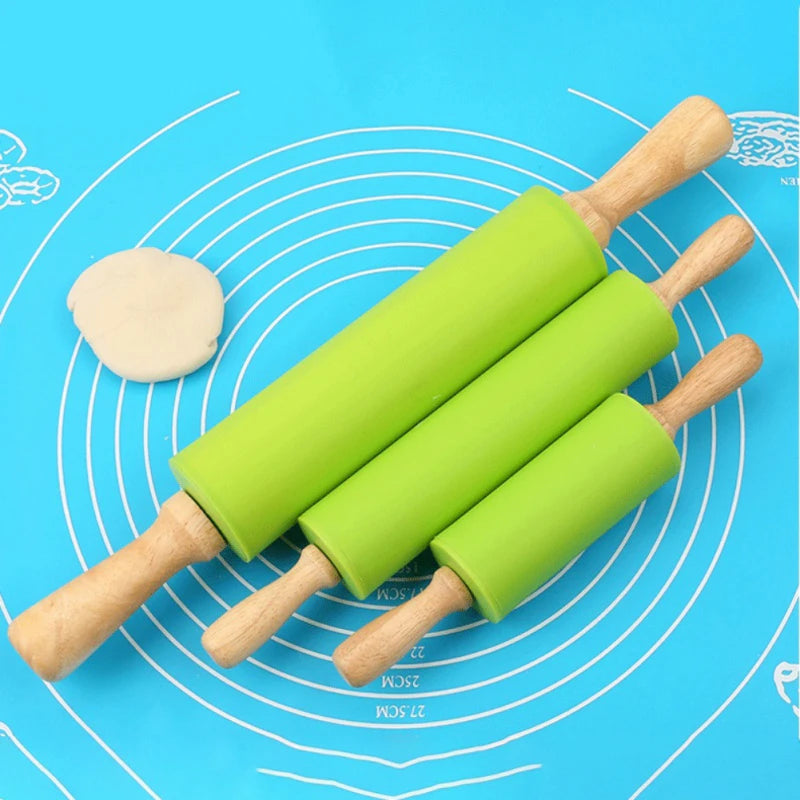 Non-Stick Food Grade Eco-Friendly Silicone Baking Mat Liners Wooden Handle Pastry Dough Flour Roller Kitchen Cooking Baking Tool