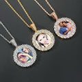 European and American Hip Hop Photo Frame Pendant Couples Photo Round Big Zircon Solid Copper Pendant Stainless Steel Chain