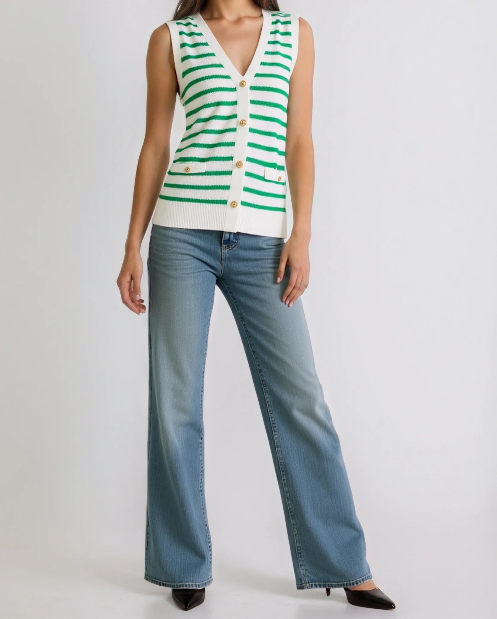Best Factory's Korean Style Knitted Gold Buckle Striped Carved Pattern Short Length Front Summer Sweater Vest