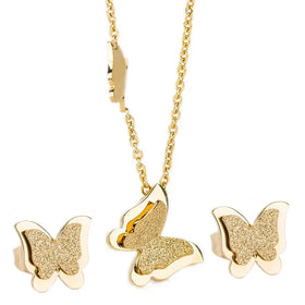 Wholesale Hot Sell Women's Fashion Jewelry Set 18k Gold Plated Stainless Steel Butterfly Necklace Earrings Wedding Gift