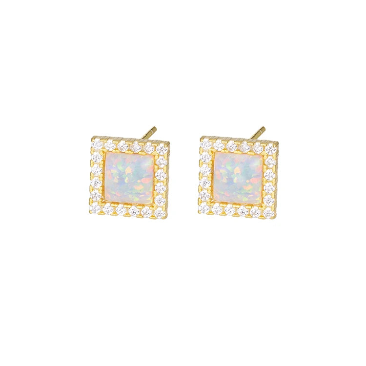 Luxury Jewelry Designer Gold Plated Sterling Silver Zircon Square Opal Stud Earrings