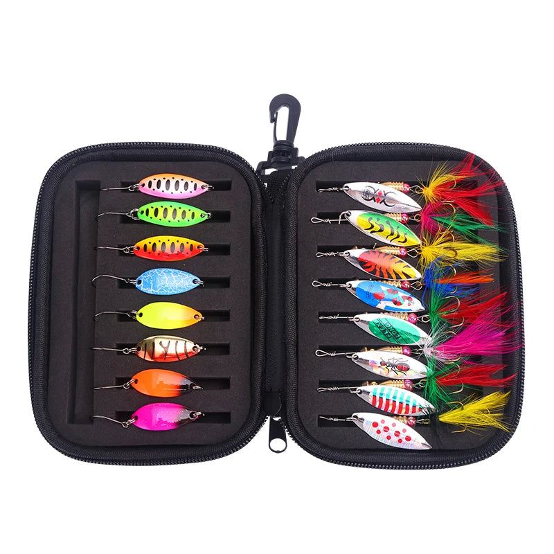 WEIHE 16pcs Metal Fishing Lure Set Spoon Lures Spinner Bait Artificial Hard Lures Trout Fishing for Casting