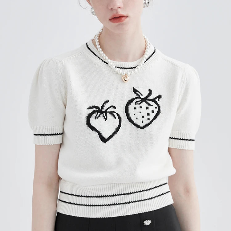 Factory Custom OEM Young Girl Fashion Short Sleeve White 12 GG Jacquard Striped Cartoon logo Breathable Short Knitted Sweater