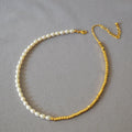Vintage Brass Gold Plated Half Faceted Square Beads Half Freshwater Pearl Beaded Necklace for Women Girls