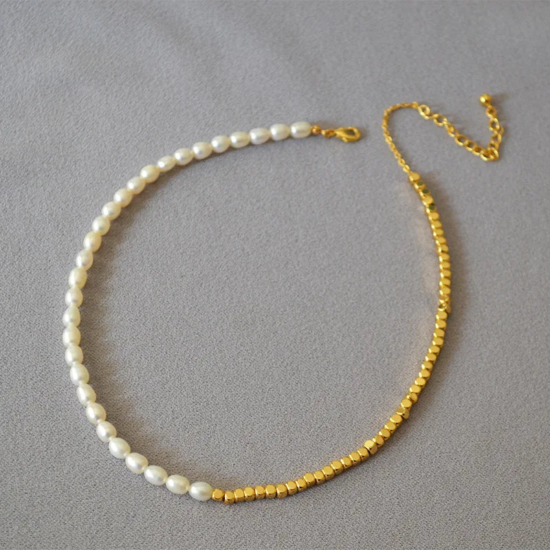 Vintage Brass Gold Plated Half Faceted Square Beads Half Freshwater Pearl Beaded Necklace for Women Girls