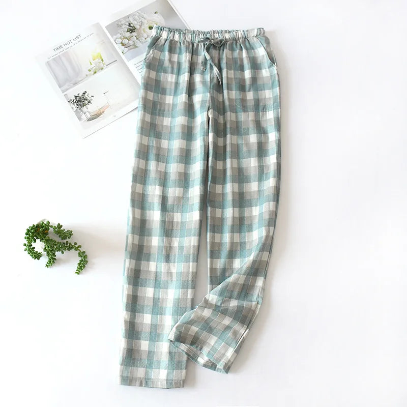 Man Pajamassummer Cotton Gauze Trousers Leisure Style Simple Stretch Waist Casual Large Size Plaid Men Home Wear Pants