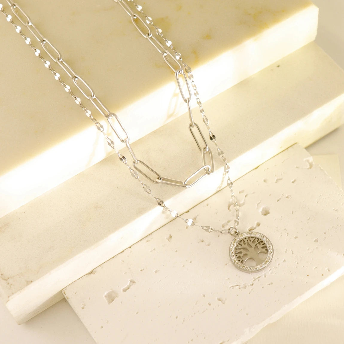 Factory Customize Dubai Stainless Steel Double Layered Necklace Rhinestone Jewelry Tree of Life Pendant for Women&Men's Party