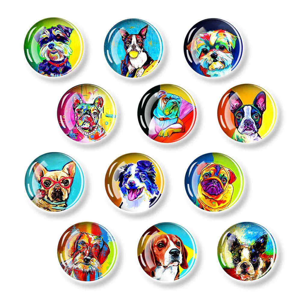 Puppy Oil Painting Art Magnetic Refrigerator Stickers 30MM Glass Creative Cute Animal Home Decoration Dog Pattern Fridge Magnet