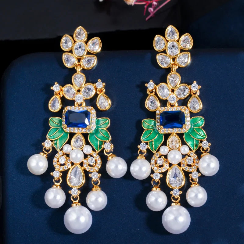 Leaf Flower Blue African Cubic Zirconia Long Dangle Pearl Earrings for Women Gold Plated Wedding Bridal Evening Party Jewelry