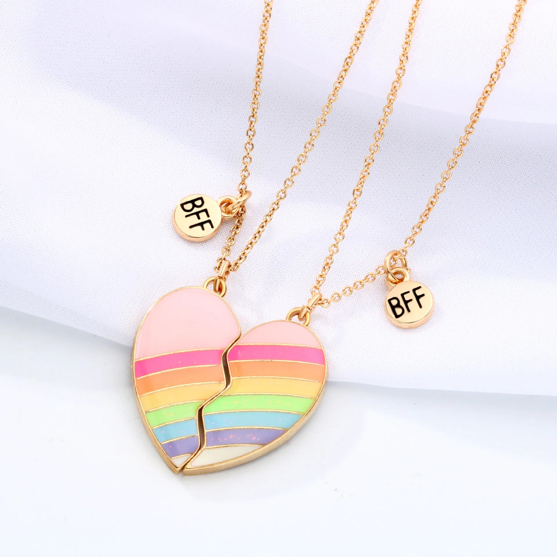 2Pcs/set Rainbow Butterfly Glitter Peach Heart Pendant for 2 Girls Kids Besties Friendship BFF Necklaces Best Friend Jewelry