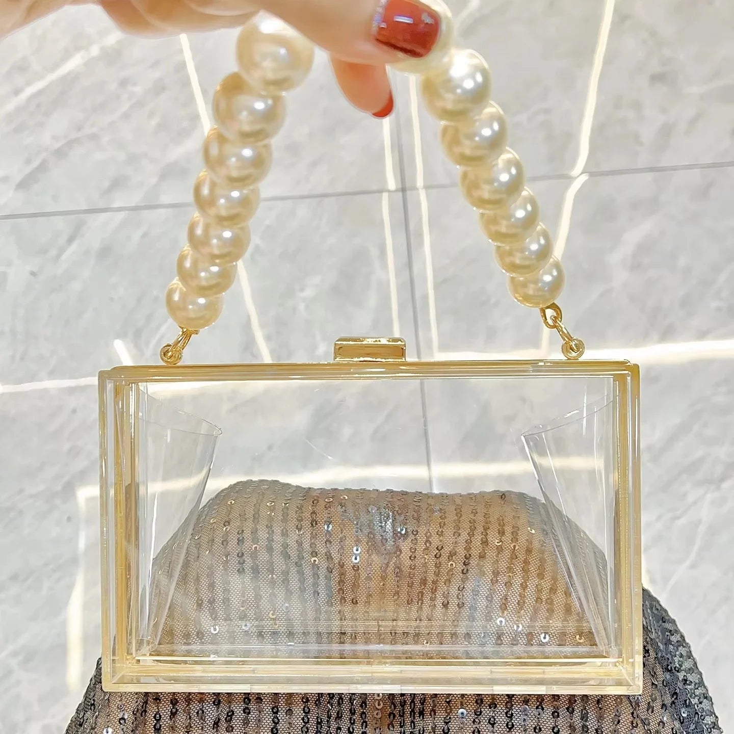 2025 Elegant Clear Purses for Women Pearl Handle Purse Ladies Acrylic Clear Clutch Bag Chain Shoulder Small Stadium Party Bags