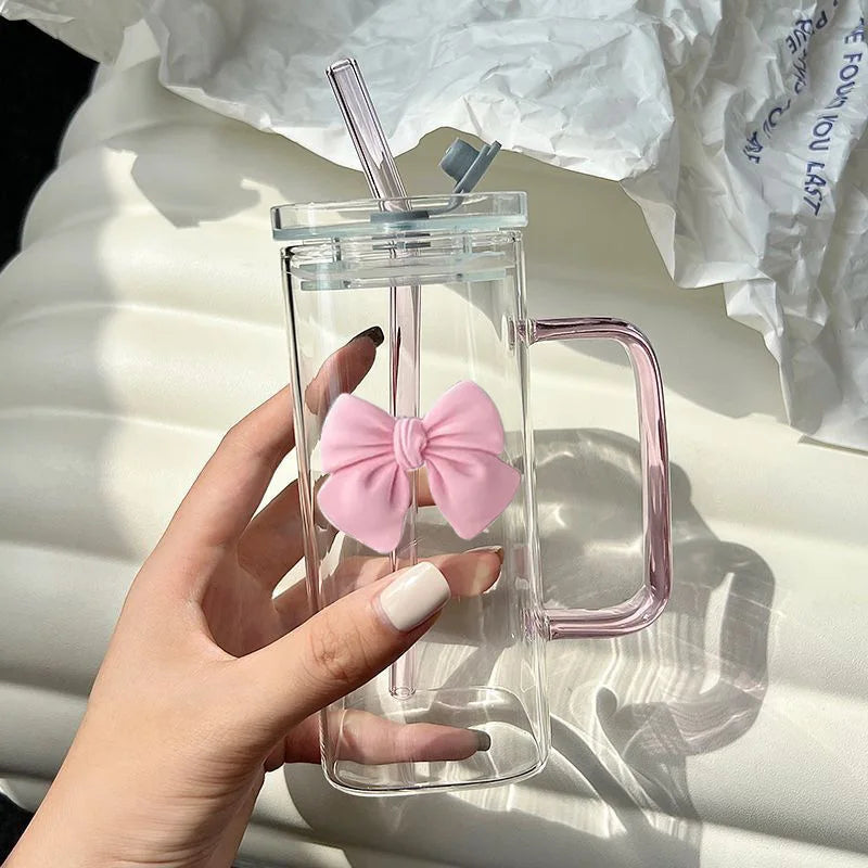 L 400ml Square Glass Cups Borosilicate Glass Drinking Bottle Tumbler With Bow  Plastic Lids and Glass Straws for Girls