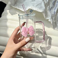 400ml Borosilicate Glass Tumbler Glass Straws High Quality Square Glass Cups Square pink Bow Mug with Plastic Lids for Camping