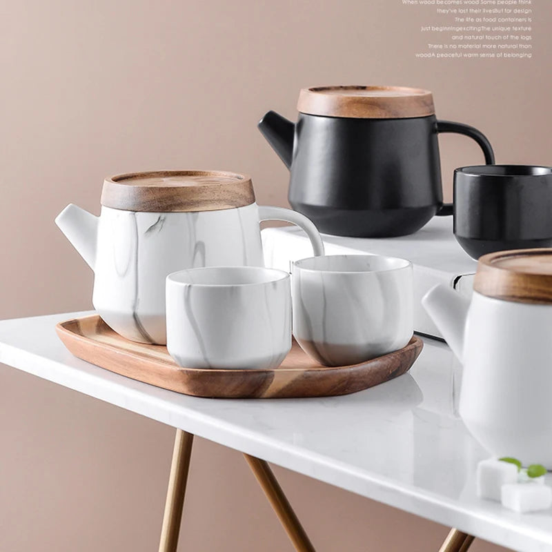 Nordic Marble Water Tea Cup Set Ceramic Teapot and Tray for Afternoon Tea Kung Fu Filter for Kitchen Family Use