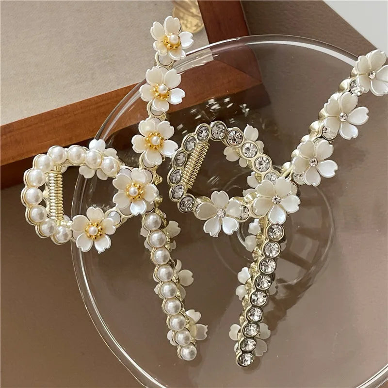 12CM Large Cross Rhinestone Flowers Pearls Hair Claw Clips for Women Zinc Alloy Hair Catch Barrettes Shark Hairpins Wholesale