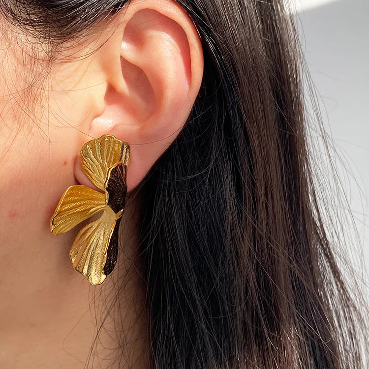 New Products Stainless Steel Brass Flower Fancy Earrings Vintage Fashion Leaf Stud Earrings for Women