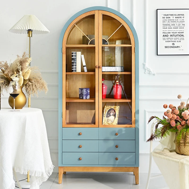INNOVA Home Living Room Kitchen Sideboard Modern Accent Arch Design Blue Black Wooden Durable Storage Drawer Cabinet Glass Door