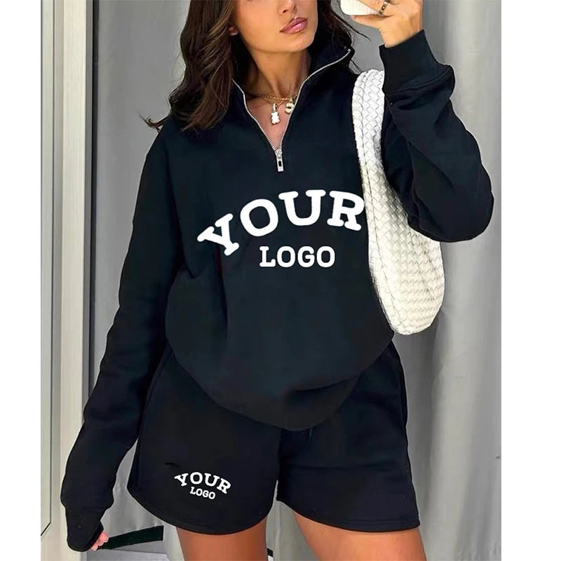 Wholesale Tracksuit Custom Two Piece Half Zip Sweatsuit and Shorts Set Women Jogging Suits Summer Solid Color Short Sweat Suits