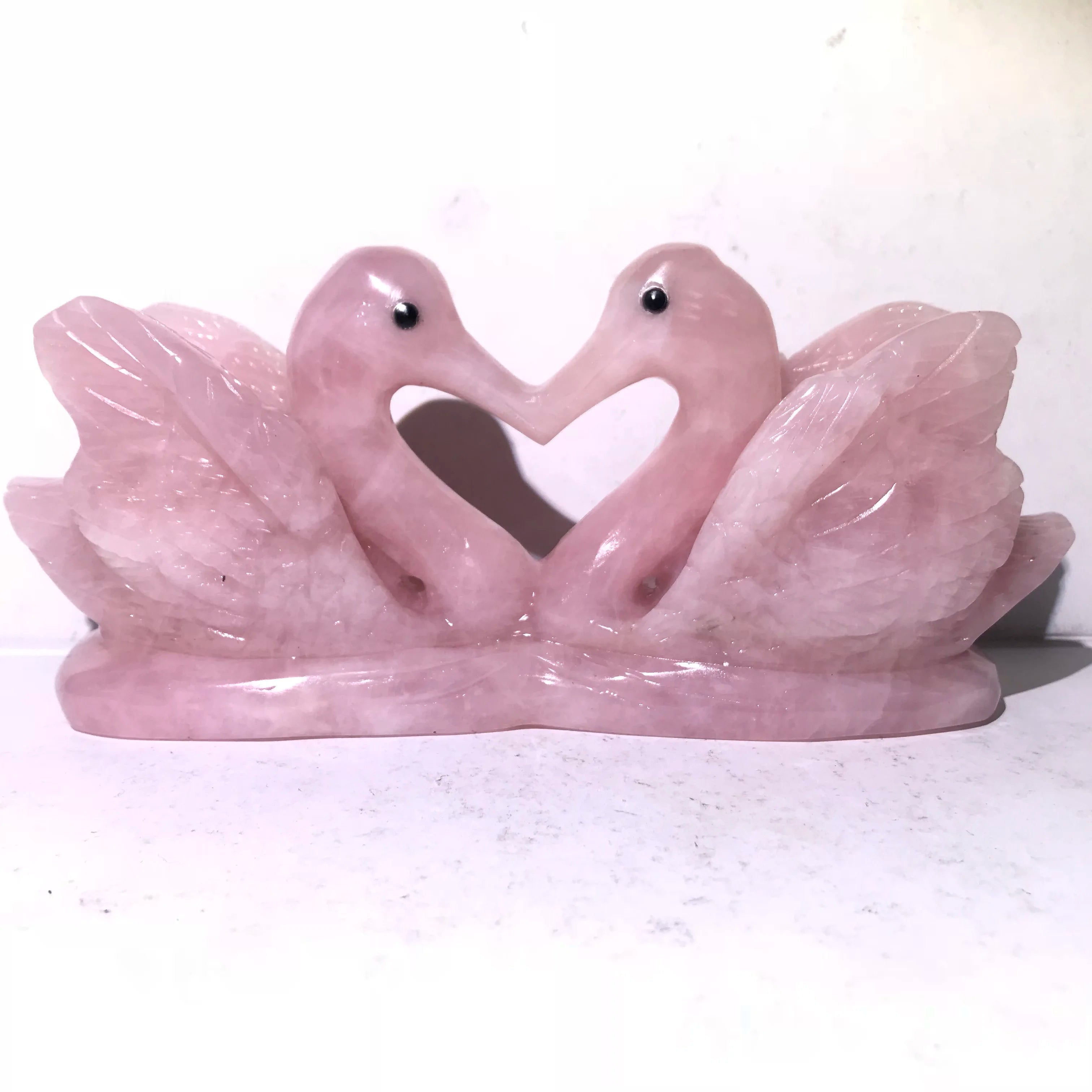 Wholesale Natural Rose Quartz Double Swan Engraved Crystal Carvings Eco-Friendly Kind Full Crystal Mascot for Wedding Holiday