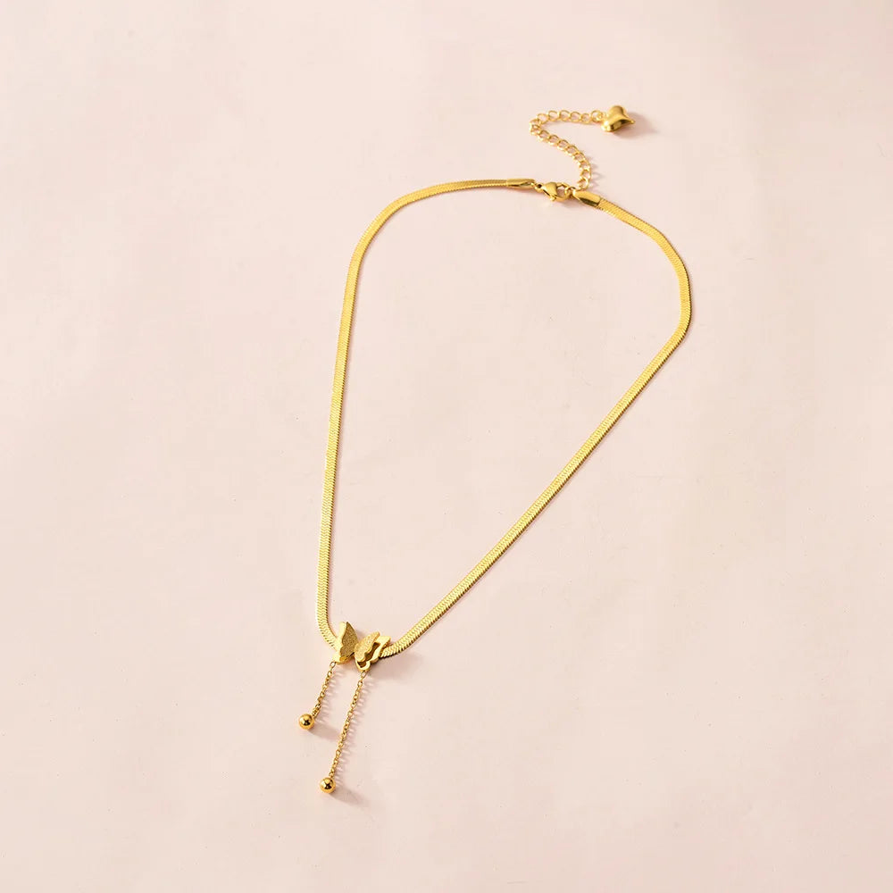 Luxury Jewelry Stainless Steel Real Gold Plated Color Retention Butterfly Pendant Fashion Snake Bone Chain Necklace for Women