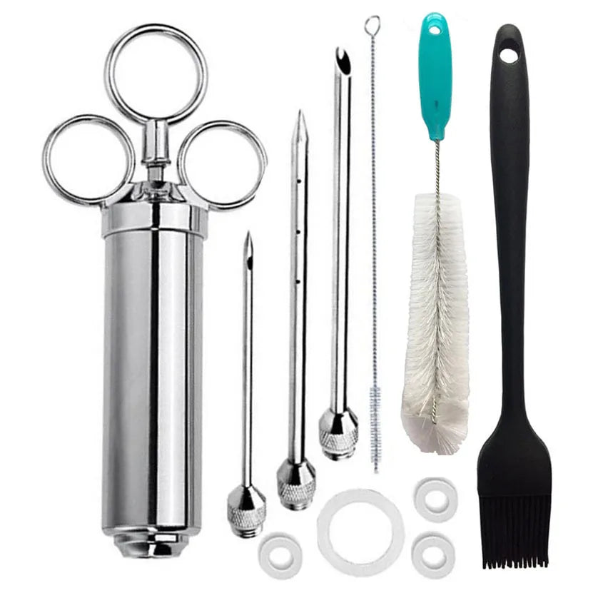 2-Oz Stainless Steel Grill Marinade Seasoning Injector Turkey Meat Injectors with 2-5 Needles Cooking Syringe Injection